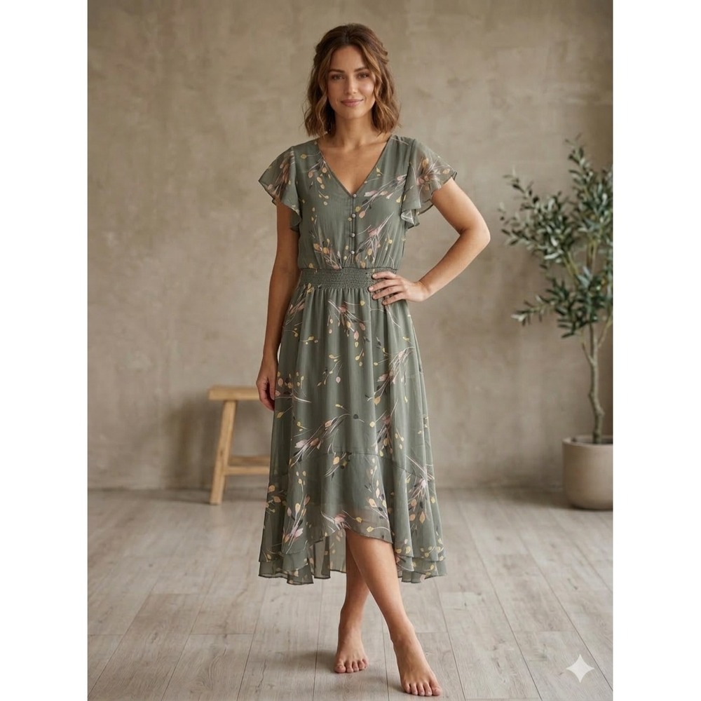 White House Black Market Olive Green Floral Midi Dress
